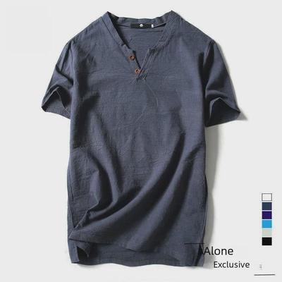 Heren Effen Kleur V-Hals Katoen Linnen Korte Mouw T-Shirt met Knopen