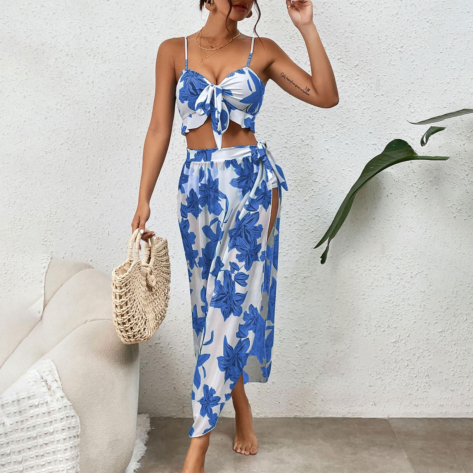 

Модный женский бикини с принтом растений, сексуальный купальник, юбка, комплект из трех предметов XL