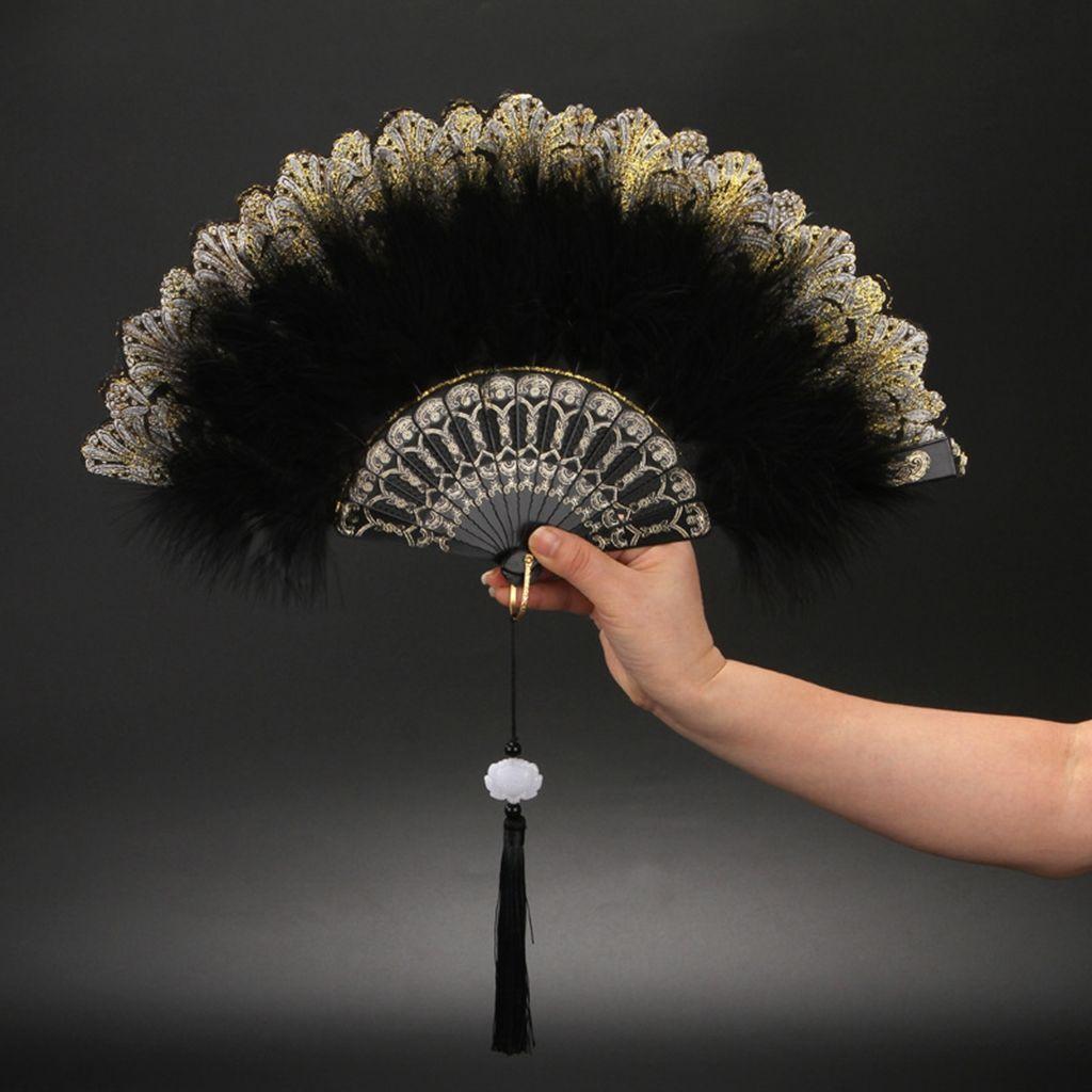 Lolita Feather Folding Fan Japanese Girl Gothic Court Dance Hand Fan with Pendant Gift Wedding Party Decoration