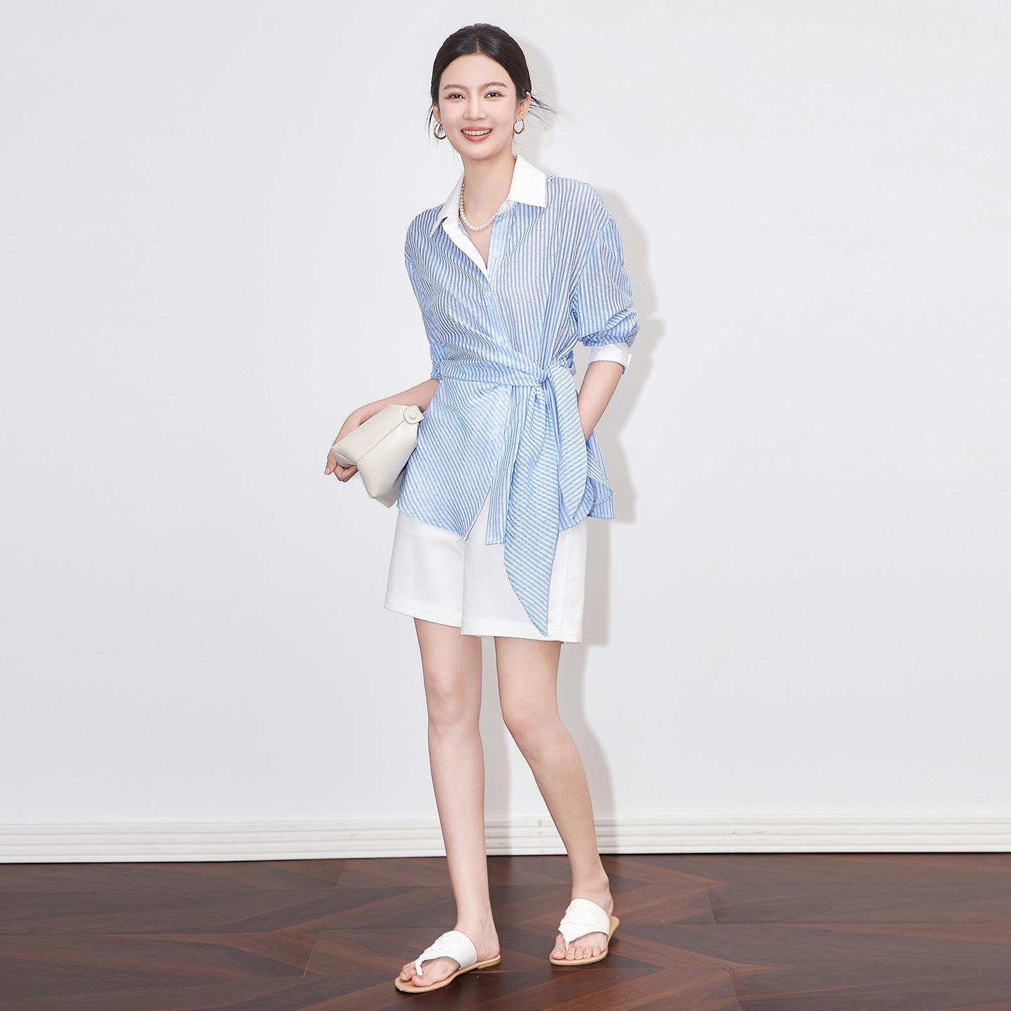 

Design Sense Luxury Tencel Blend Waist-Hugging Striped Shirt for Women Extra Large синий