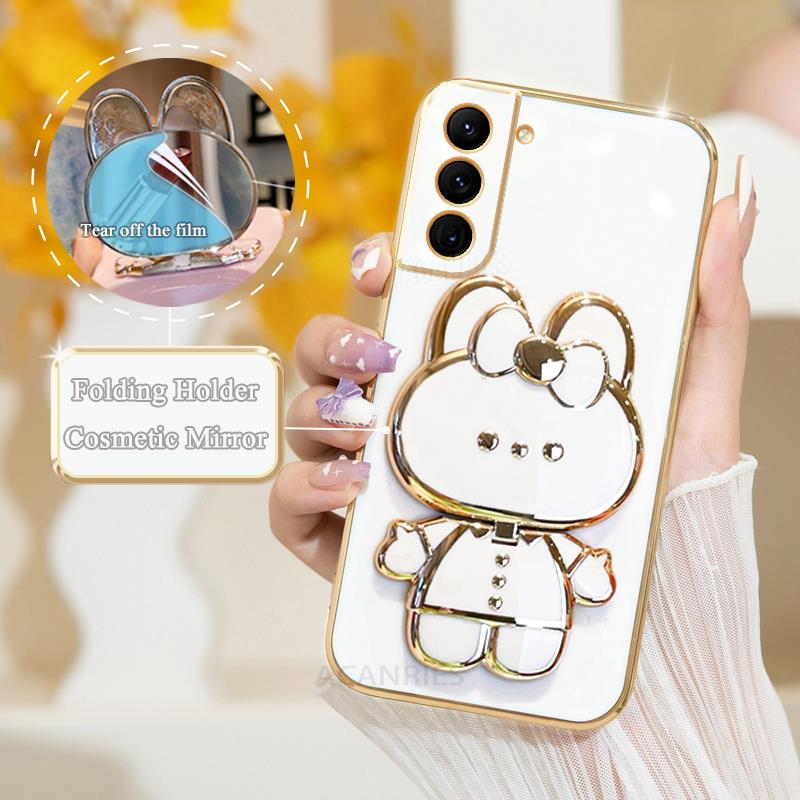 S 21 22 23 24 Luxury Plating Mirror Holder Case For Samsung Galaxy S21 S20 S23 Fe S22 Plus Ultra Silicone Stand Cover S21fe