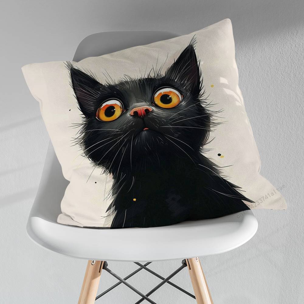 Cute Black Cat Cartoon Art Pillowcase for Sofa Room Office Decor Printing Merchandise AllMatch Cushion Cover