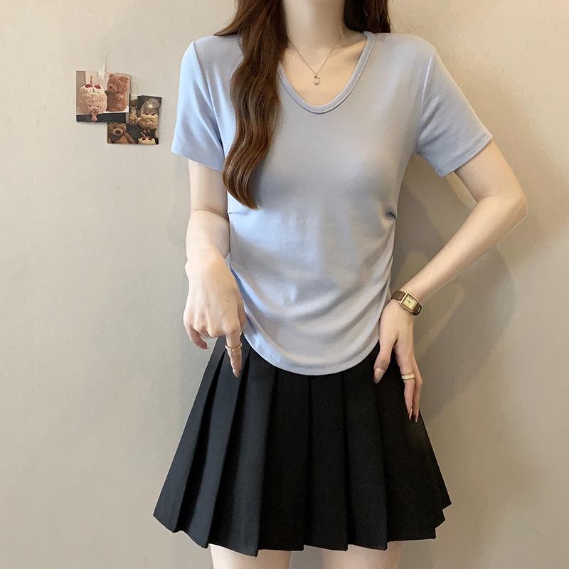 2026 Summer Plus Size Women's Korean Style Youthful Solid Color Ruffled Short Sleeve T-Shirt