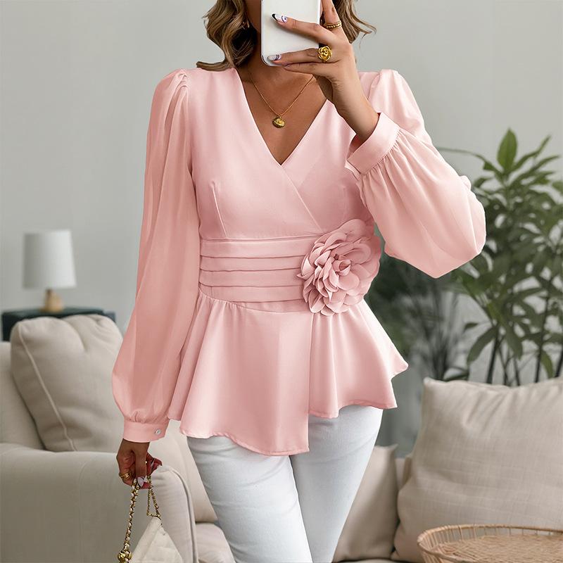 A High-end and Elegant Commuting V-neck Three-dimensional Floral Shirt Top for Women