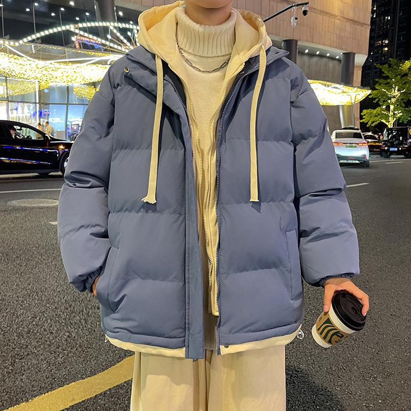 

Зимняя контрастная цветная поддельная двухкомпонентная хлопковая одежда для пар, модная утолщенная хлопковая одежда с капюшоном, мужская свободная теплая M синий