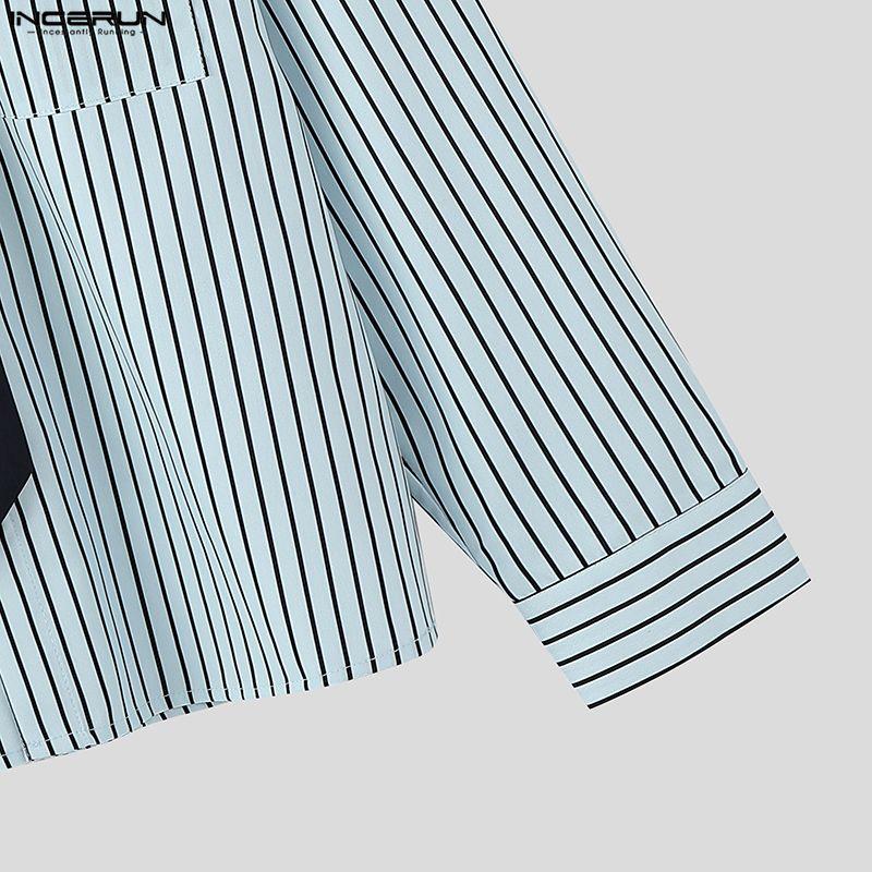 INCERUN Oversized College Style Men Turn-down Collar Tie Long Sleeve Striped Casual Shirts