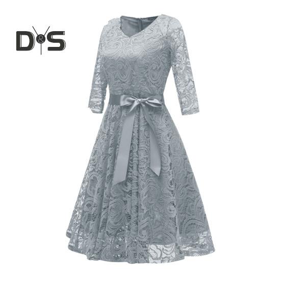 Women Prom Dress V Neck Back Zipper Bow Belt Tight Mid Waist Flower Embroidery A-line Loose Hem Long Sleeve Double Layers Elegant Party Banquet Midi