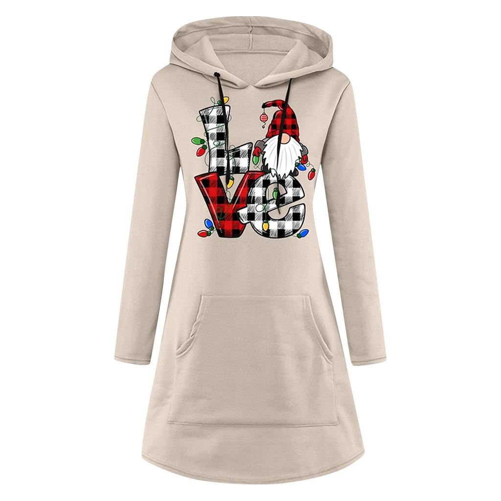 Modisches, lässiges Damen-Pullover-Kleid mit Weihnachtsmotiv, langärmelig und mit Kapuze