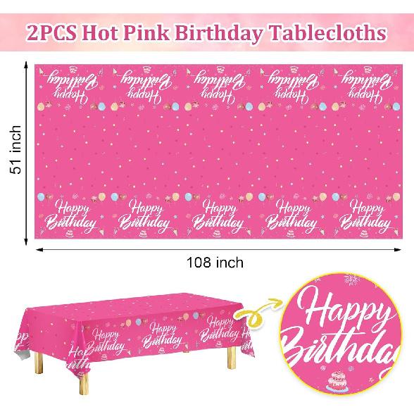 Happy Birthday Tablecloth Decorations 108 x 54 Inch for Women Girls, 2Pcs Disposable Plastic Birthday TableCovers Party Supplies, Hot Pink Waterproof