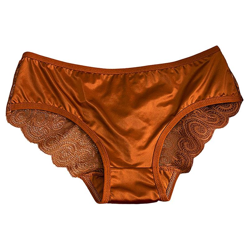 Women Bowknot Mid Waist Satin Panties Solid Color Spaghetti Strap Lace Briefs Hollow Out Seamless
