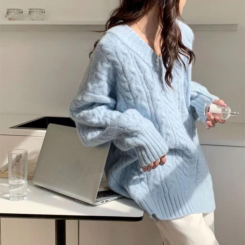 V Collar Lazy Wind Sweater Female Fall and Winter Set Head Loose Outerwear Blouse Thickened Twist Knit Sweater Comfortable Versatile Fashion