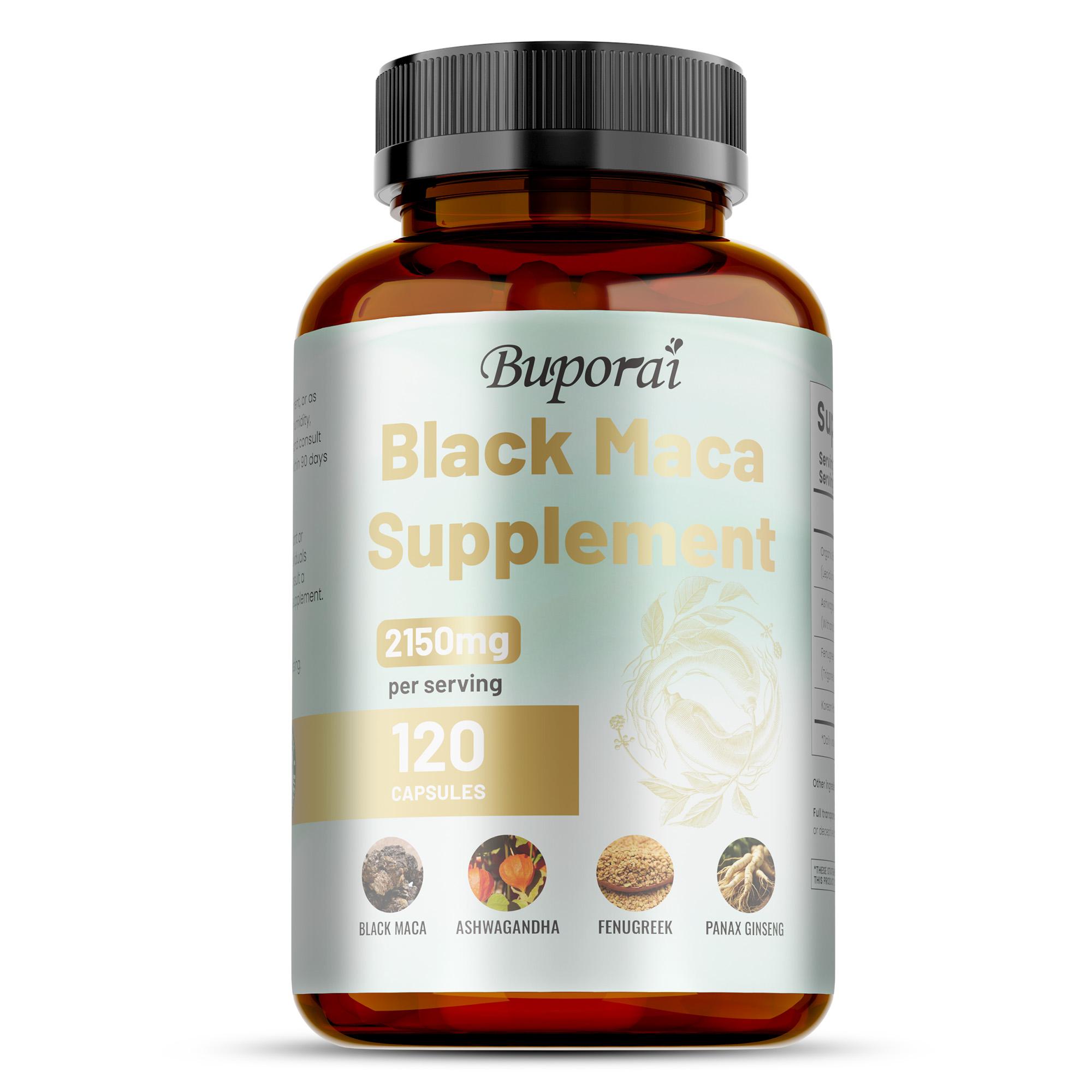 

Organic black maca capsules containing ashwagandha and fenugreek extracts, 2150 mg per serving, an energy supplement. 120