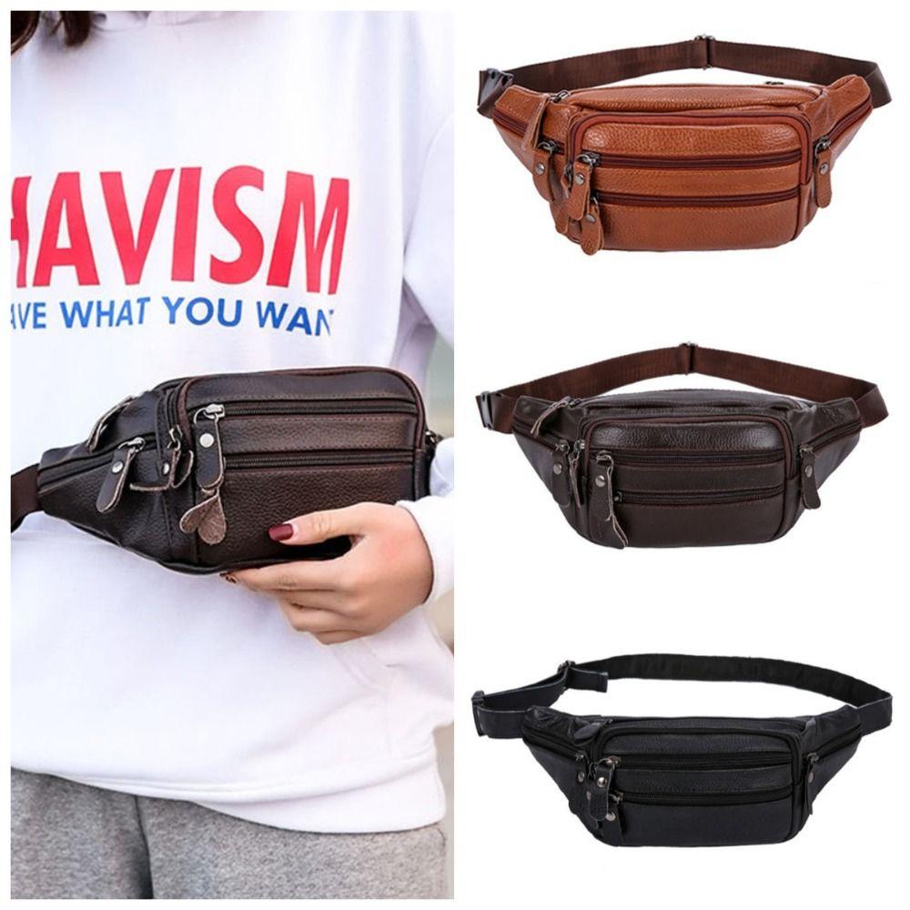 

Multi-layered Travel Waist Bag Solid Color Hip Belt Bag Retro Genuine Leather Fanny Bag Hiking чёрный
