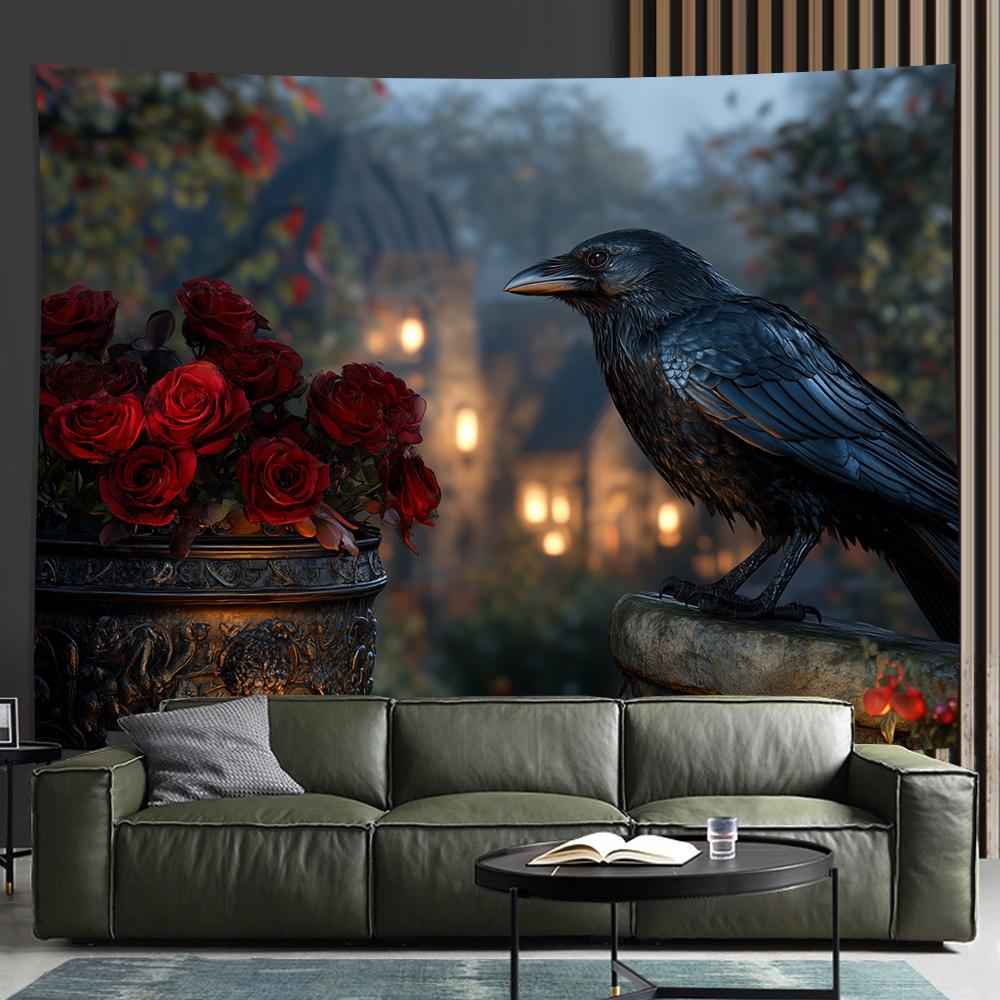 Тема: Ворона и Роза. Цифровая печать, полиэстер, настенный гобелен, декоративный. Гостиная, спальни, офисный фон, подарок 74x94cm(29x37in)