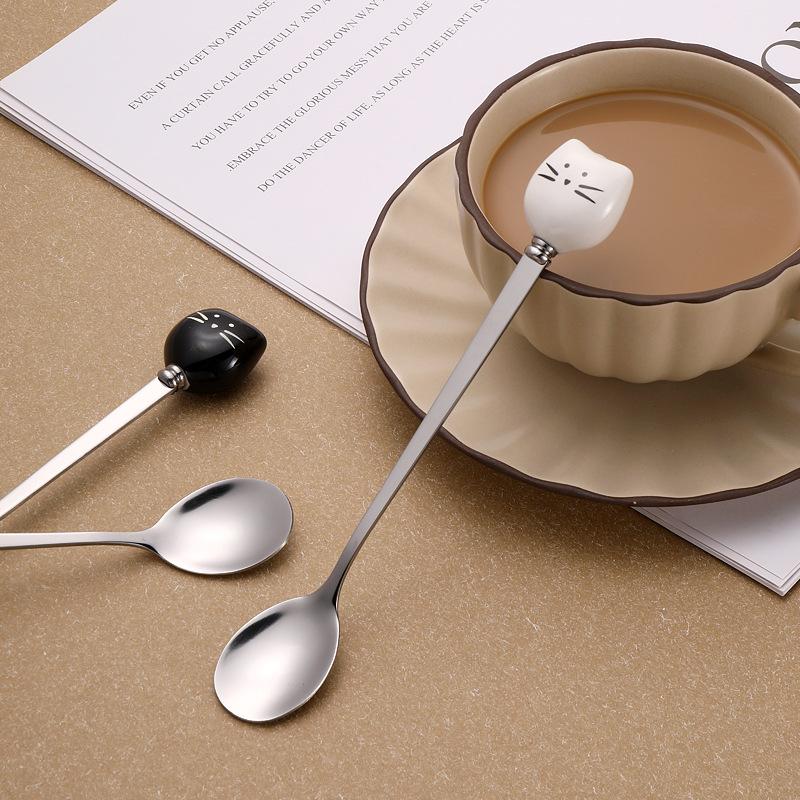 Cartoon Ceramic Spoon Ceramic Black And White Cat Spoon Ice Cream Spoon Stainless Steel Coffee Spoon