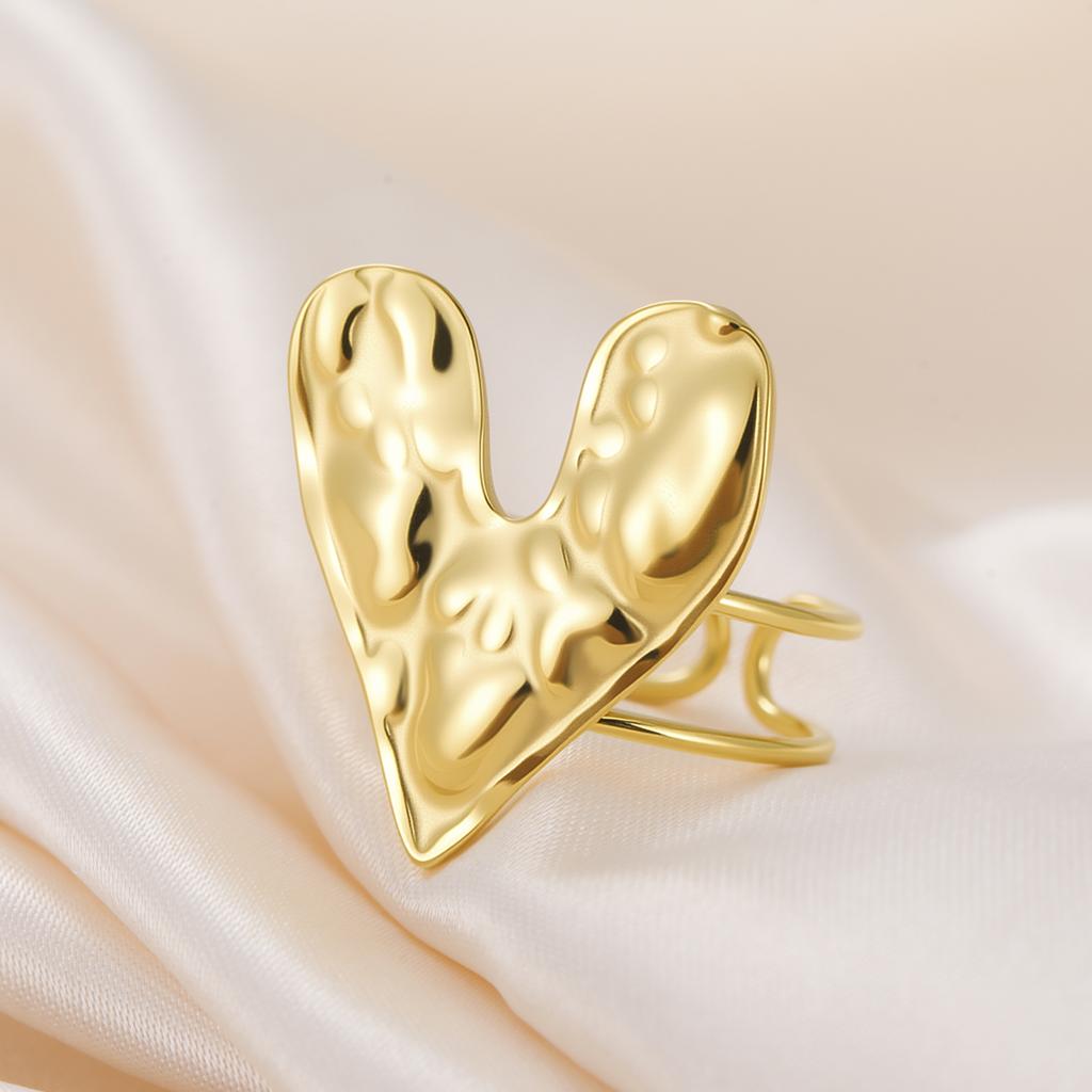 Stainless Steel Love Heart Opening Ring for Women Gold Color Adjustable Finger Rings Texture Design Minimalist Jewelry Gifts