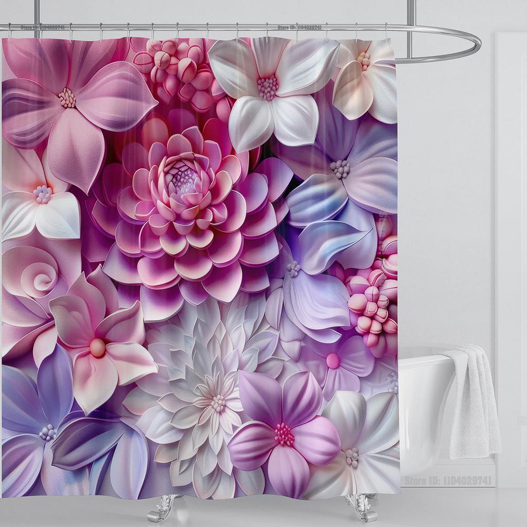 3D Red Floral Shower Curtain Set Pink Flower Design Fabric Bathroom Decor Waterproof Washable Shower Curtain Set with Hooks
