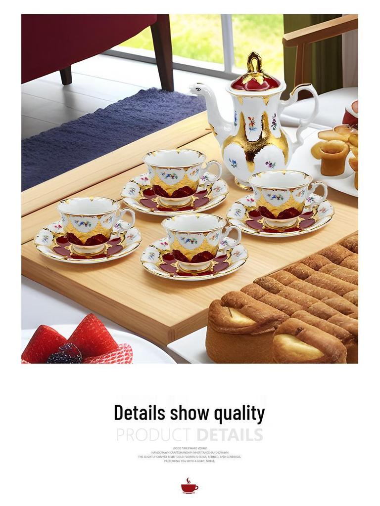 Karosa European Relief Gold Coffee Cup Set - Luxury Gold-Trimmed High-Temperature Bone China Cups & Saucers in Gift Box