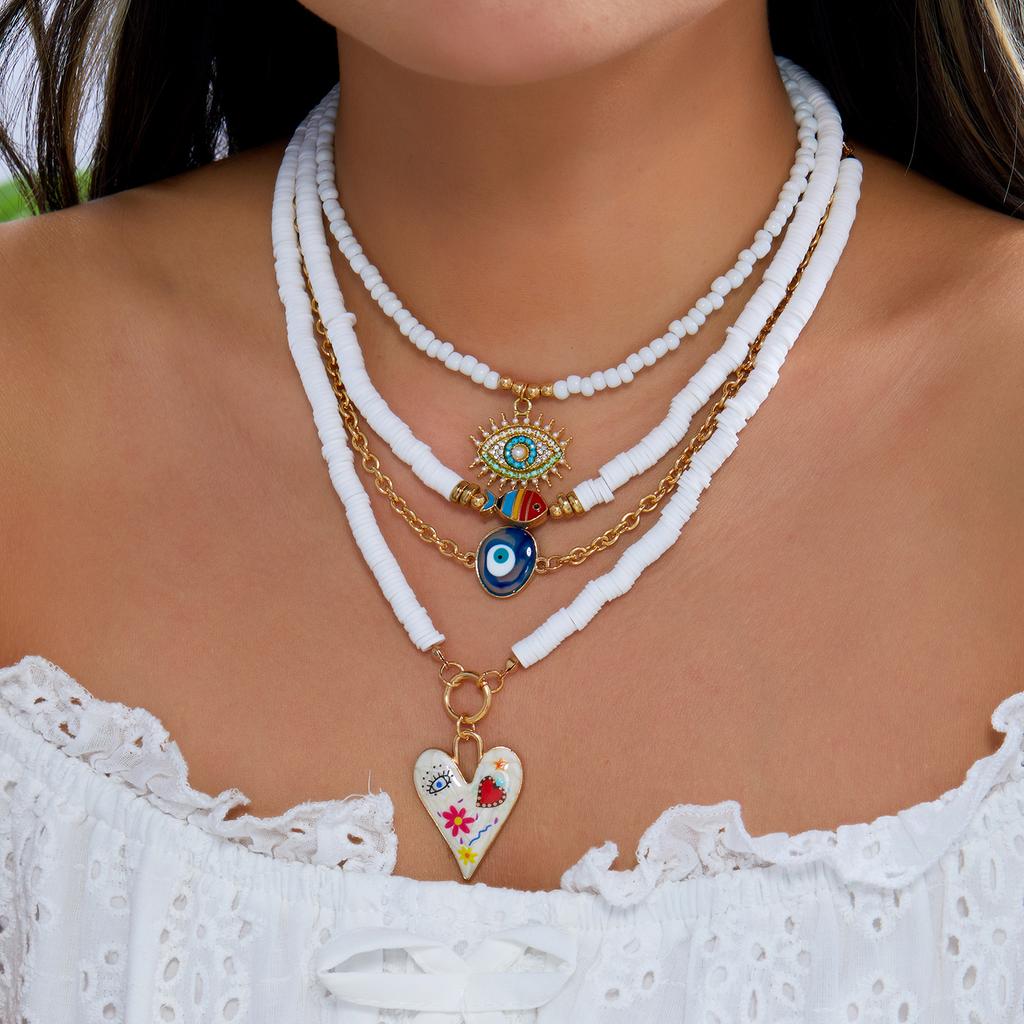 4er Set Glücksbringer Blaue Böse Auge Anhänger Halsketten für Damen Bohemian Bunte Herz Mehrschichtige Perlen Halsketten Gestapelter Schmuck