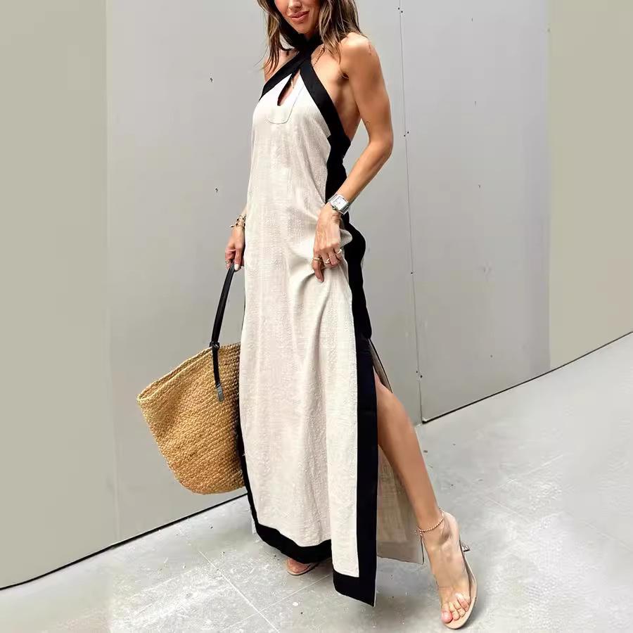 IHUASU Summer Cotton Hemp Halter Neck Open Temperament Dress Woman