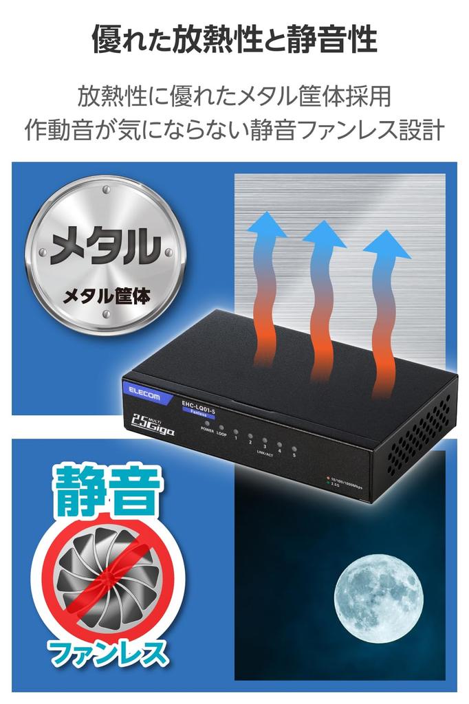 ELECOM Switching 5 Metal External Power All Ports Support Japanese Hub, 2.5G Compatible, Ports, Casing, Supply, 2.5Gbps, Manufacturer, EHC-LQ01-5