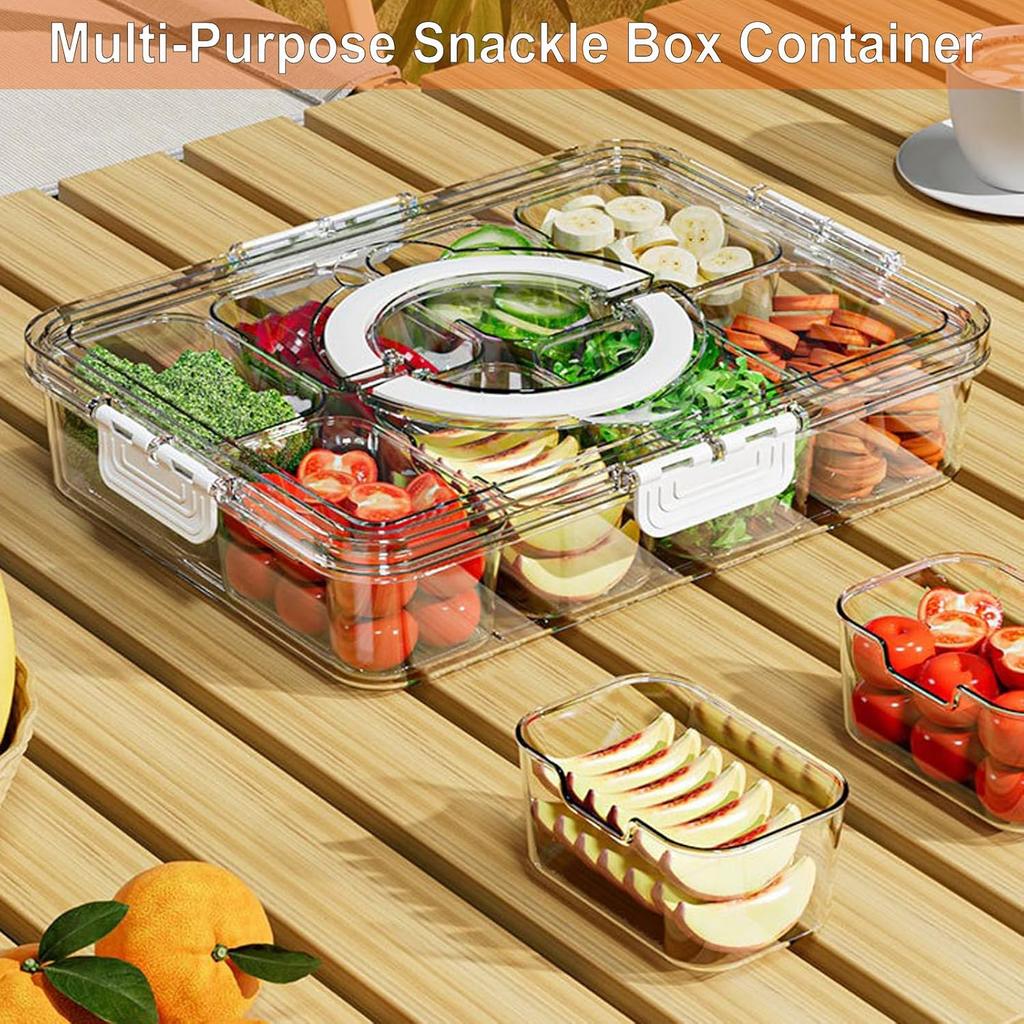 Veggie Tray with Lid and Handle, Divided Serving Tray, Snack Spinner, Portable Snackle Boxs for Candy Fruits Nuts, Clear Fridge