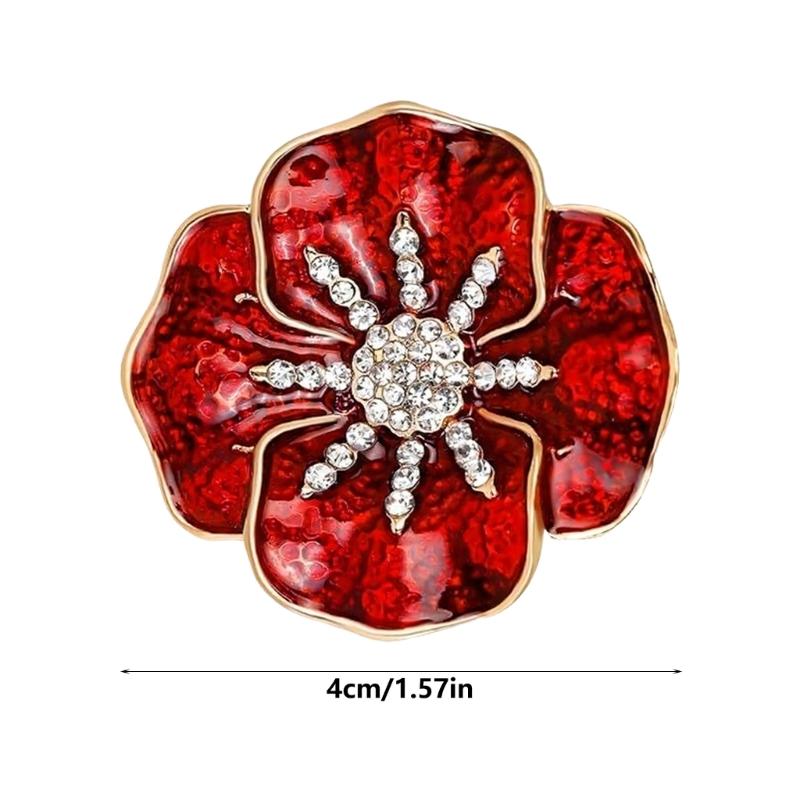 Flower Brooch Pin with Red Enamel-Style Floral Design and Clear Stone Center, Alloy Lapel Accessory for Coats, Scarves, Bags and Commemorative Wear