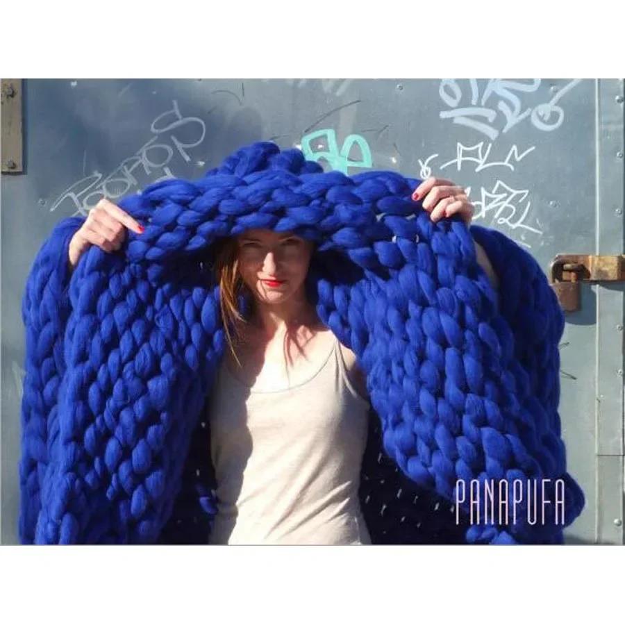 Chunky Merino Wool Blanket Thick Large Yarn Roving Knitted Blanket Winter Warm Plaid Throw Blankets Sofa Bed Blanket