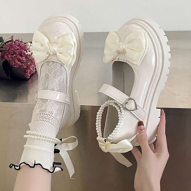 Pearl small leather shoes spring new Mary Jane shoes 2025 thick heel high heel single shoes platform with skirt princess round head