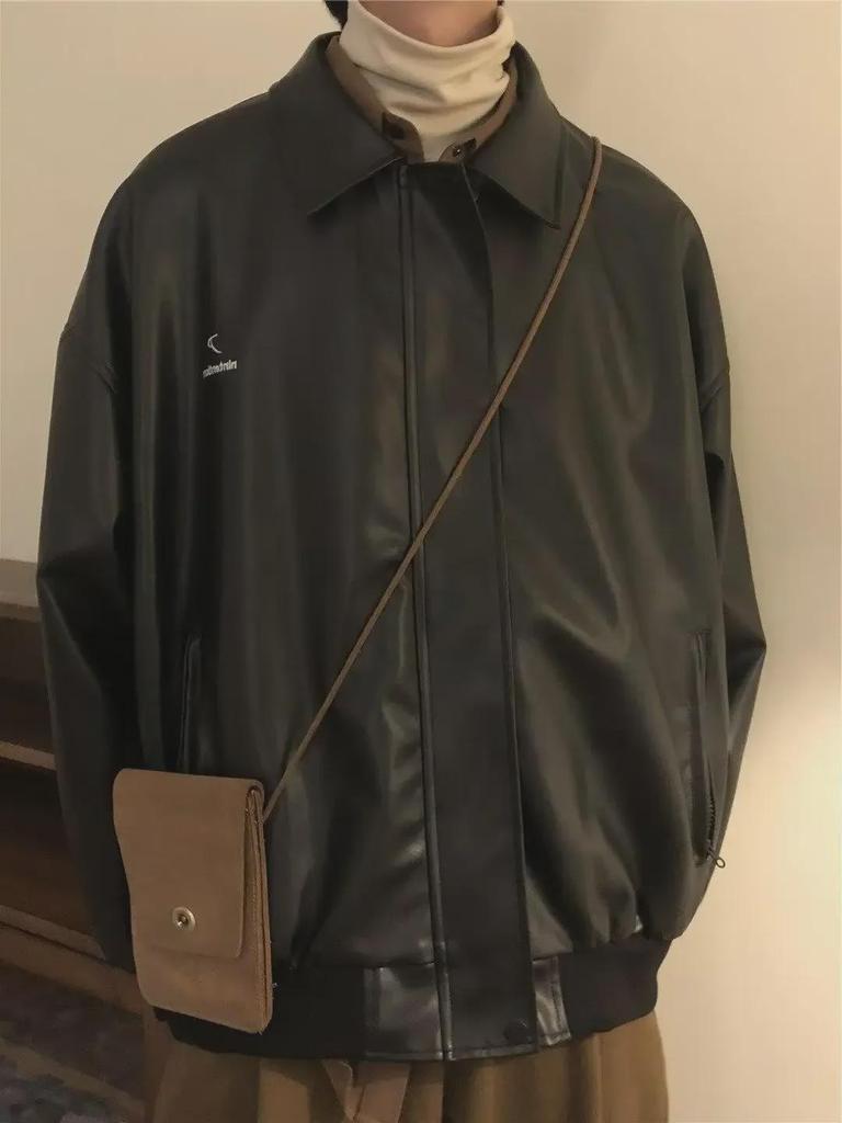 Men's Black Leather Motorcycle Jacket, Slim Fit, 2023 Spring Korean Style Trendy Coat