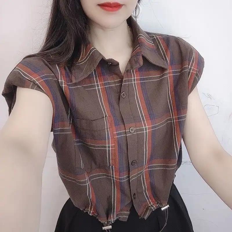 New All Match Sleeveless Checkered Shirt for Summer Slimming Loose Drawstring Casual Short, Casual Top for Women