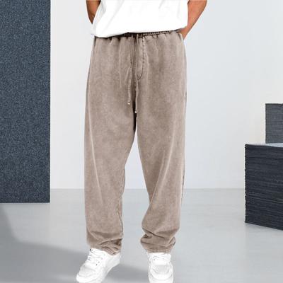 Men Sport Pants Wide Leg Drawstring Elastic Waist Pure Color Sweatpants Full