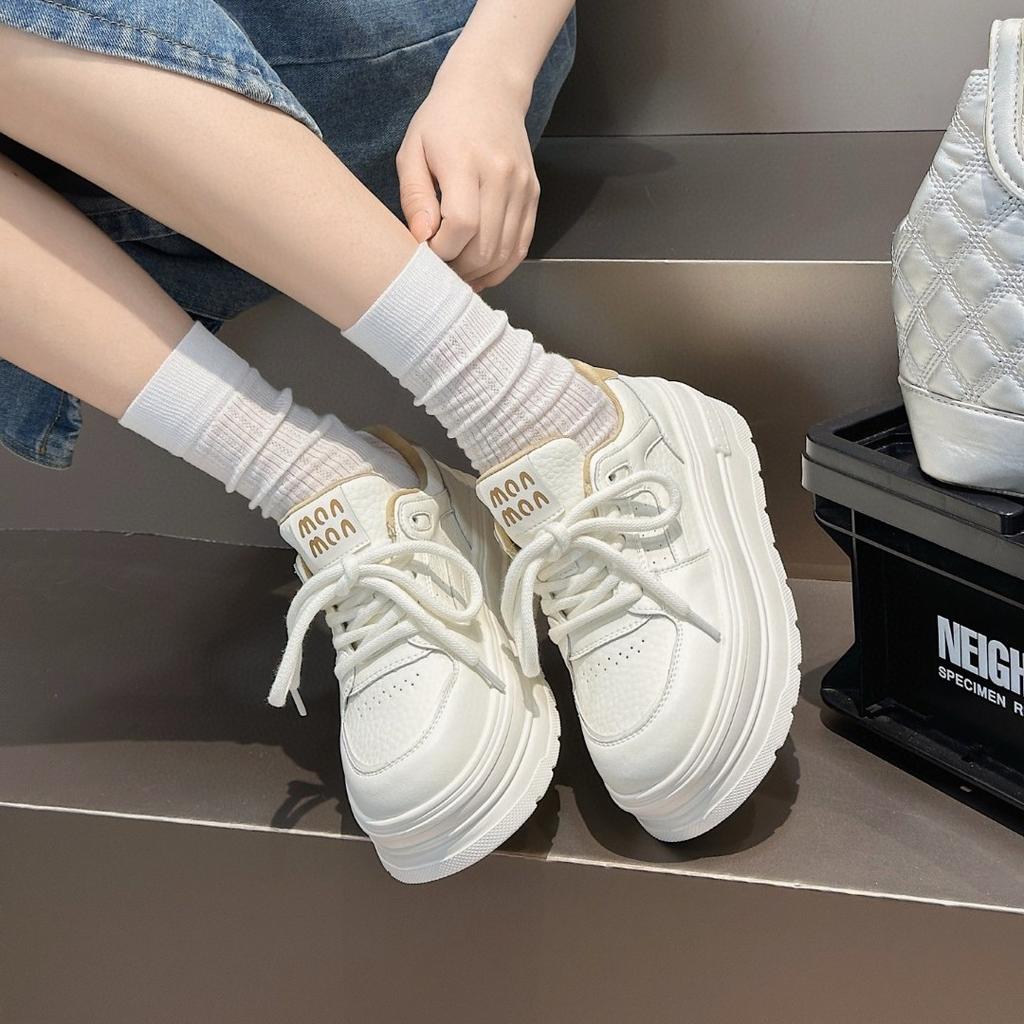 Internet celebrity Korean white shoes women's 2025 summer new round head platform versatile lace-up niche casual sports shoes