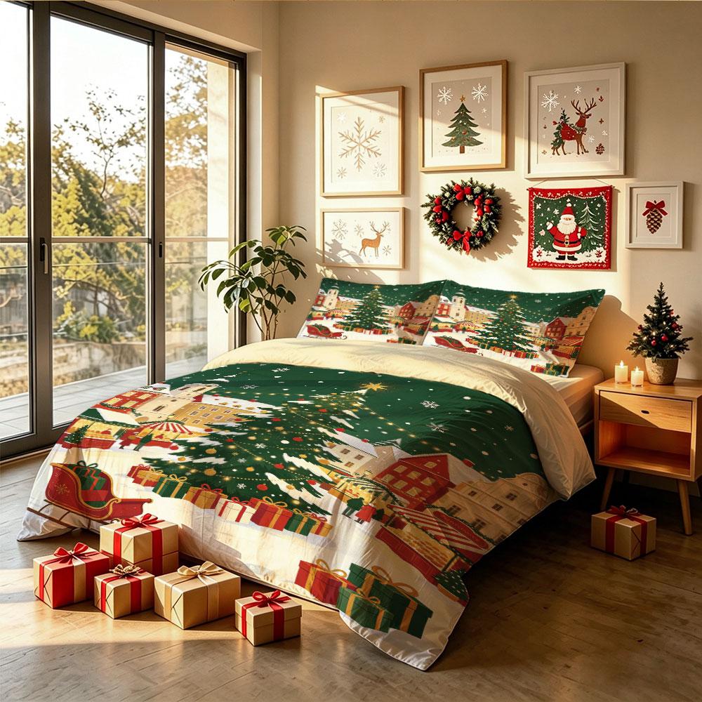 Christmas Duvet Cover Set 3Pcs Snowy Town Xmas Tree Sleigh Gift Print Soft Microfiber Bedding with Pillowcases
