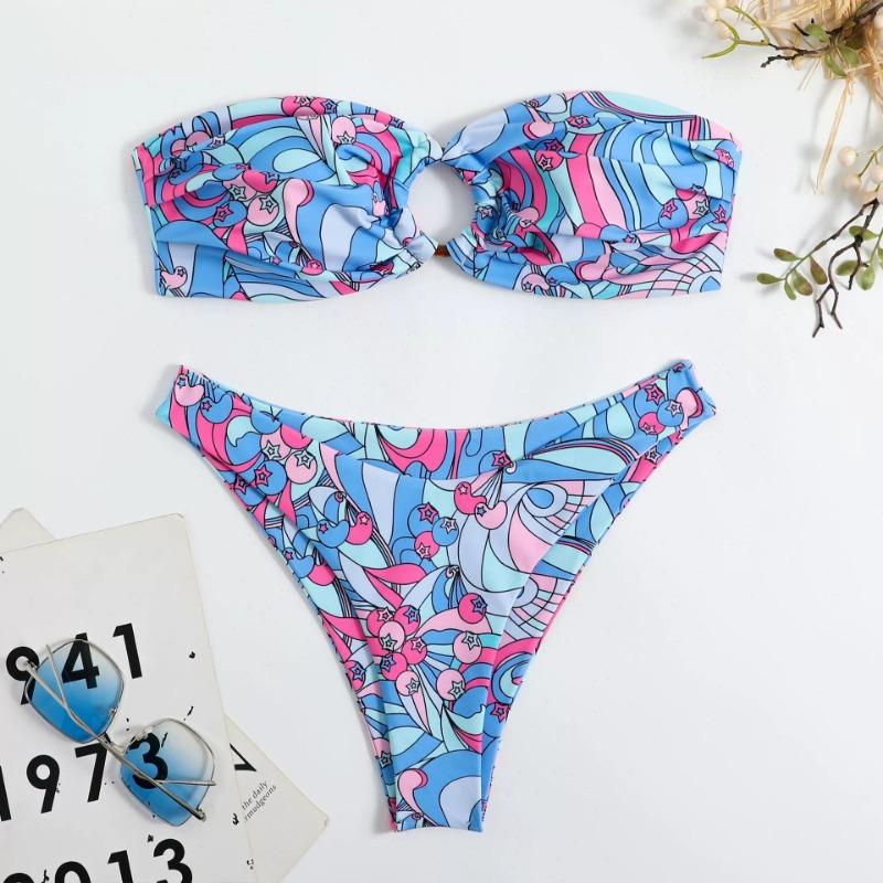 New three-point bikini print sexy babes two-piece swimsuit beach hot spring high-waisted swimsuit