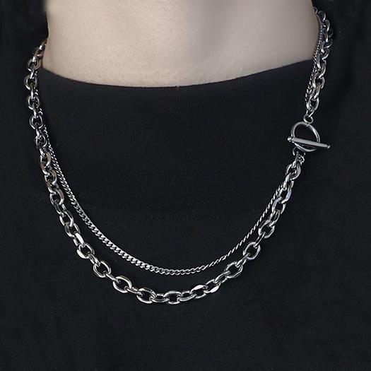 European and American personalized double-layer OT buckle necklace for men and women, simple hip-hop punk thick and thin chain,