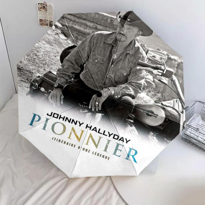 1pc Johnny Hallyday pattern Umbrella Portable Folding Umbrella Iron Frame Hole Bone Structure Outdoor Home Umbrella