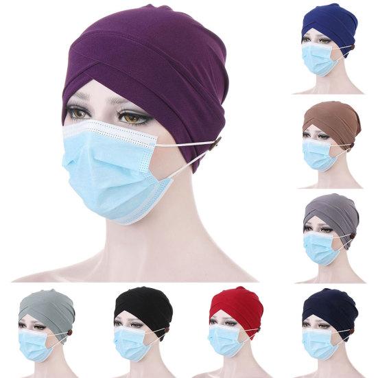 Women Solid Color Front Cross Beanie Bonnet Breathable Hat Cap with Button