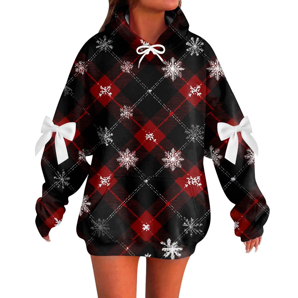 Ladies' Christmas Printed Bow Long Sleeved Loose Fitting Headband With Rope Hooded Sweatshirt Top