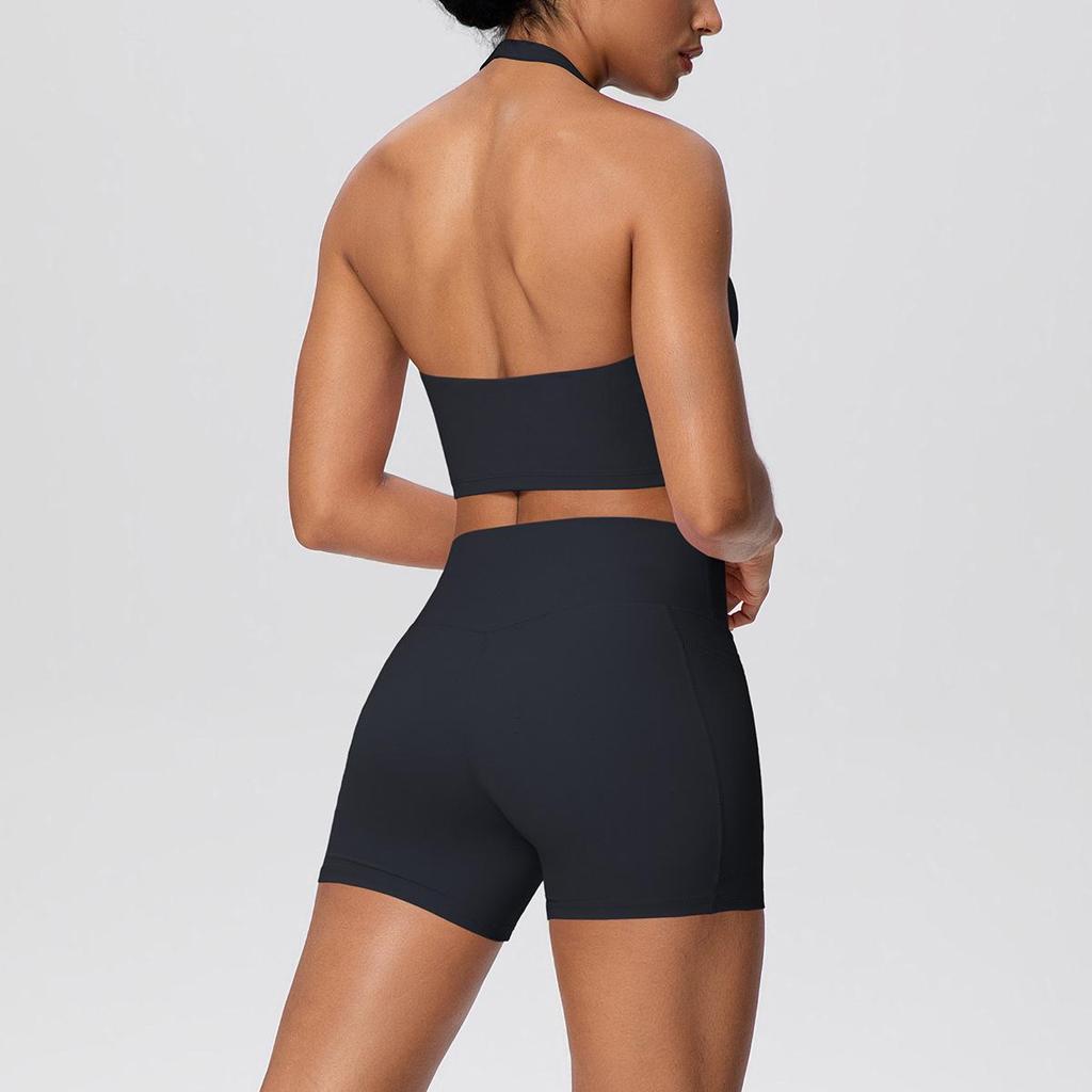 Cross-Border Halter Sports Vest & High-Waist Pocket Yoga Shorts Set