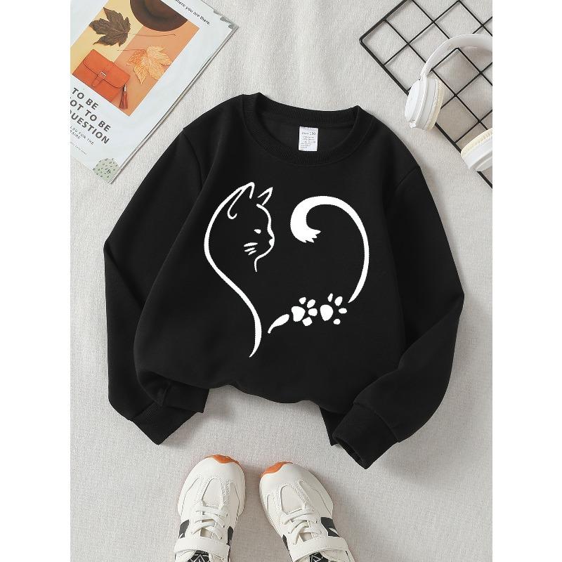 Cat Paw Heart Silhouette Girls' Crew Neck Fashion Sweatshirt, Autumn and Winter Western Style Top, Children's Long Sleeved T-shirt