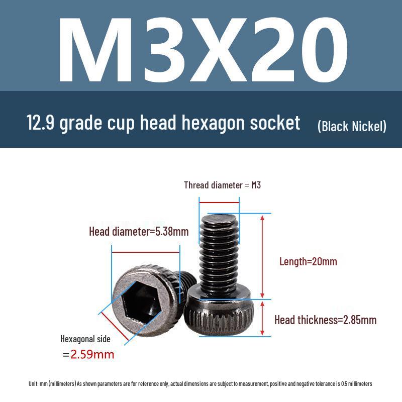 Yigu High-Strength Black Nickel Hex Socket Screw, M1.6-M4, Knurled Cup Head Bolt, 12.9 Grade.
