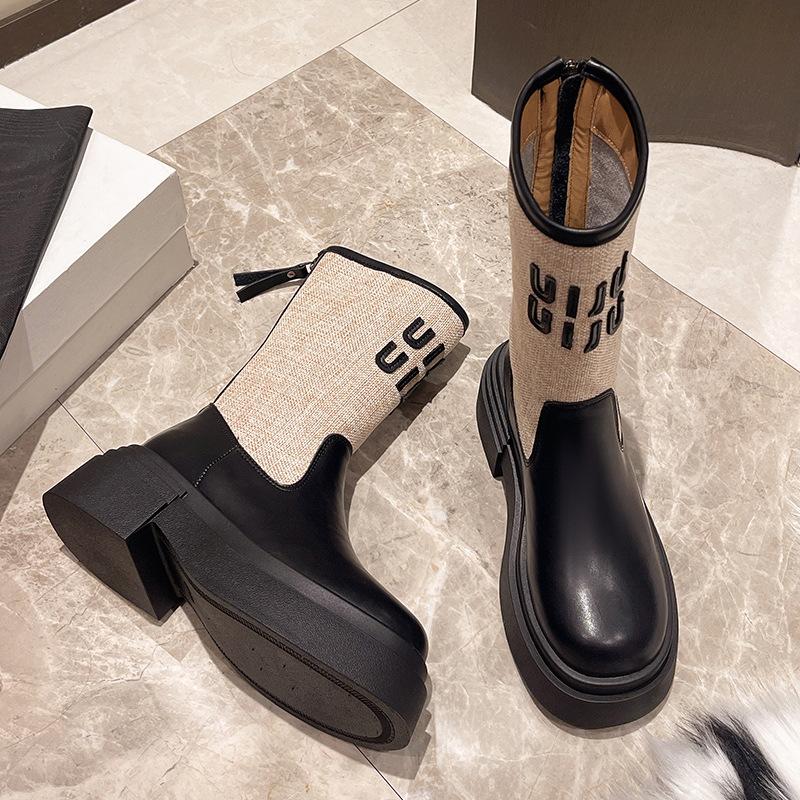 Thick-soled letter boots women's 2024 new western cowboy vacation style heightened and thin medium tube knight boots Martin boots