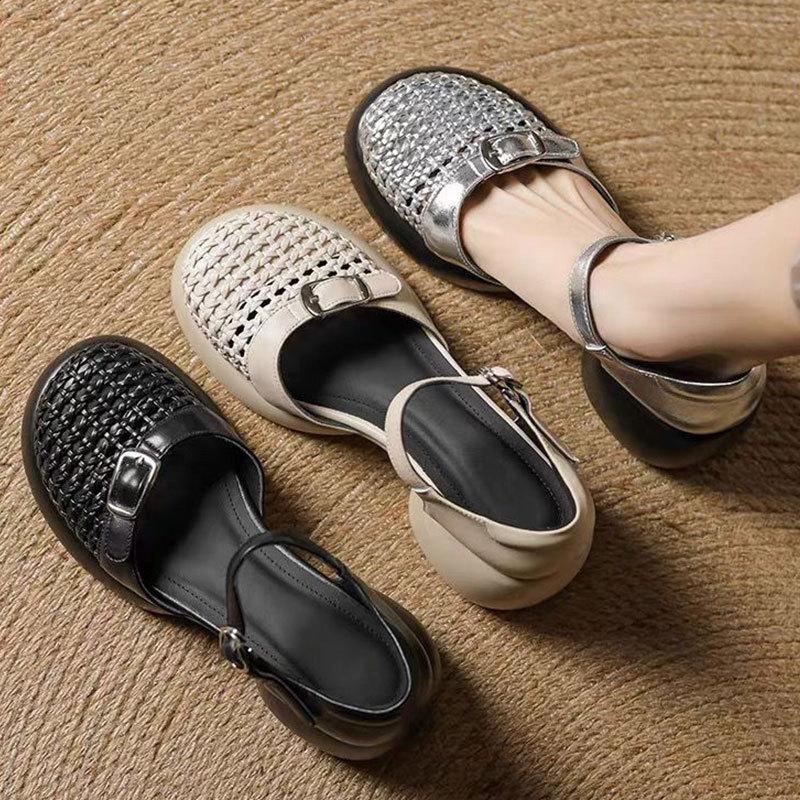 French Retro Hollow Bag Head Sandals  Summer New Thick Heel Thick Sole Word Bag Heel Roman Sandals