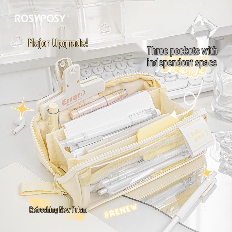 RosyPosy Transparent Prism Pencil Case: Spacious, Triple-Zipper Design for Students