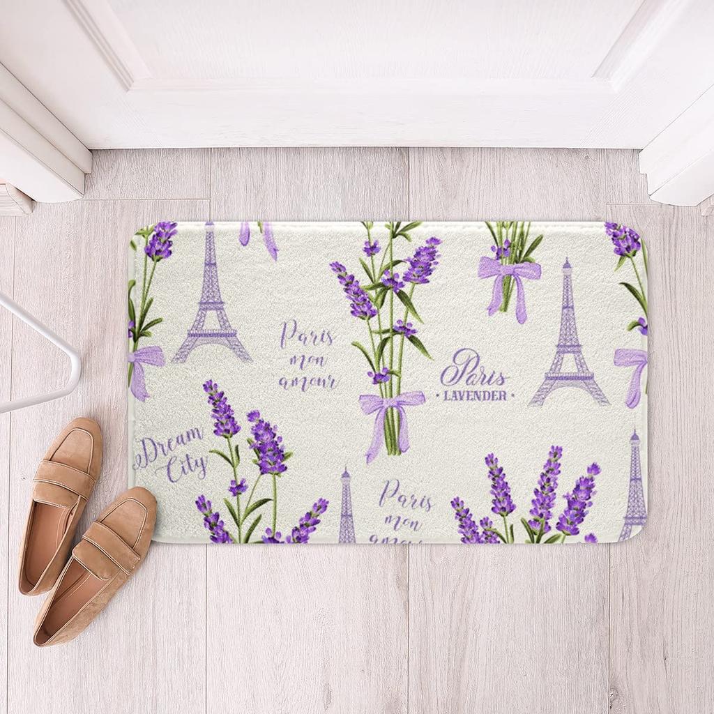 Purple Flowers Rug Watercolor Lavender Carpet Romantic Floral Doormat for Girls Teen,Wild Country Style Garden Flower Floor Mat