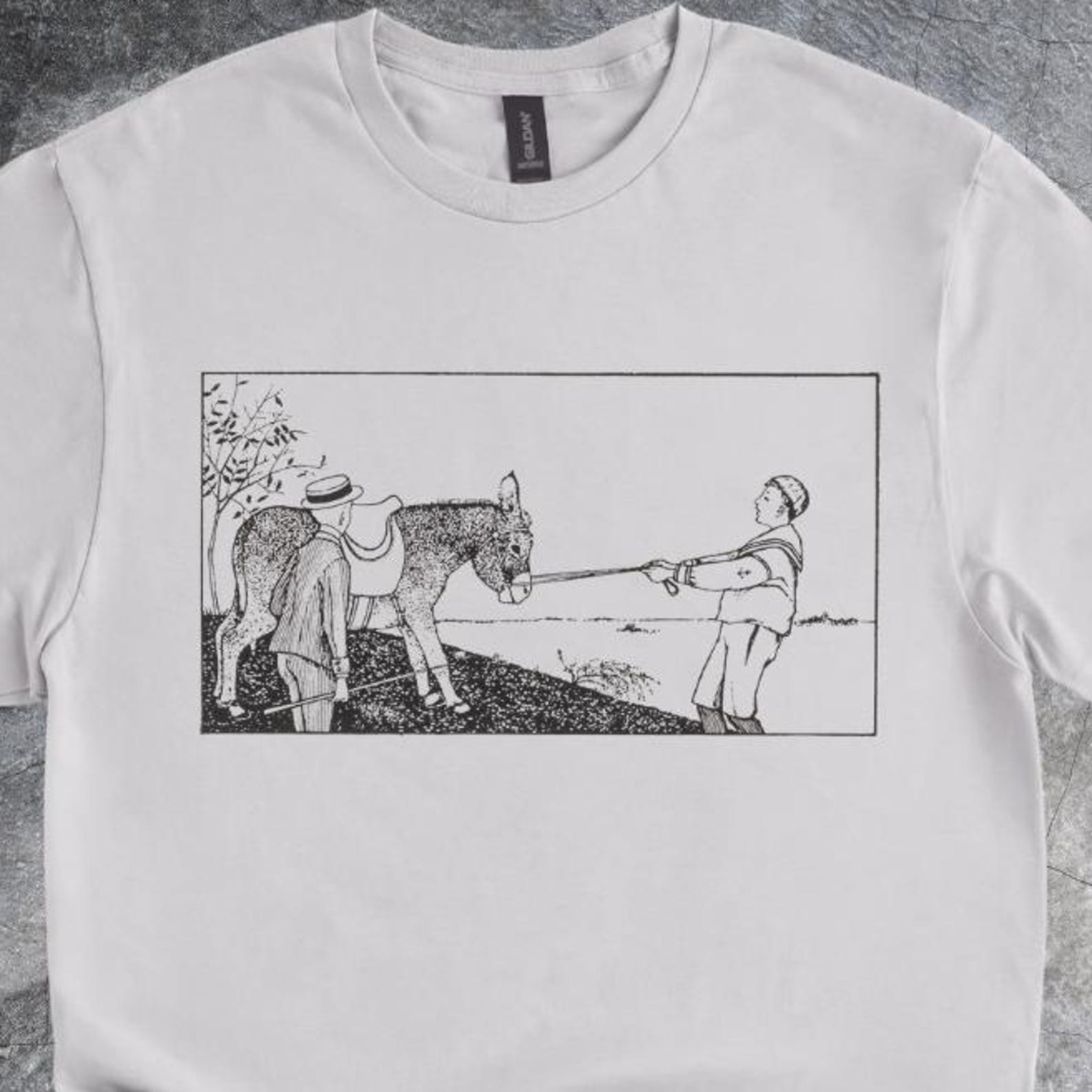 Stubborn Donkey Scene Shirt Farm Illustration Line Artwork Country Life Graphic Tee Tshirt Light Gray 150