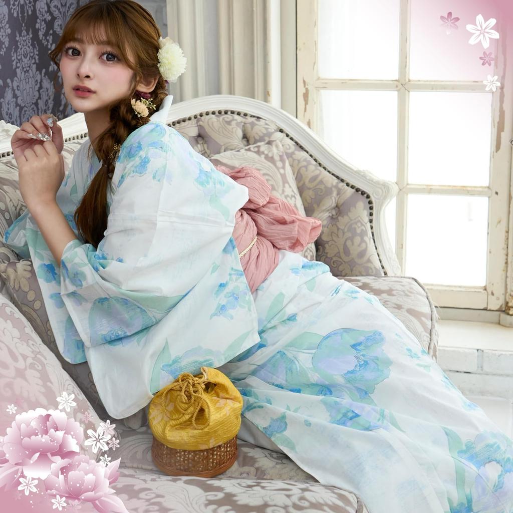 RAVIR Yukata White with a Refreshing Tulip Fluffy Obi and Geta One Size Fits All Women's 3-Piece Set, Design, Belt, Sandals, Blue,