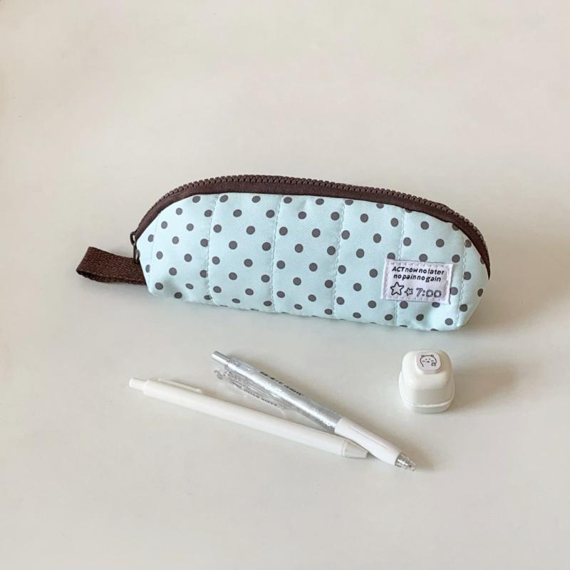 Cute Polka Dot Quilted Pencil Case Large Capacity Portable Strap For School Office Students Use