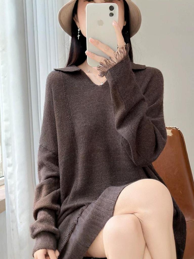 Women's Early Autumn 100% Wool Tassel Lapel Sweater - Stylish Loose Knitwear with Drop Shoulders